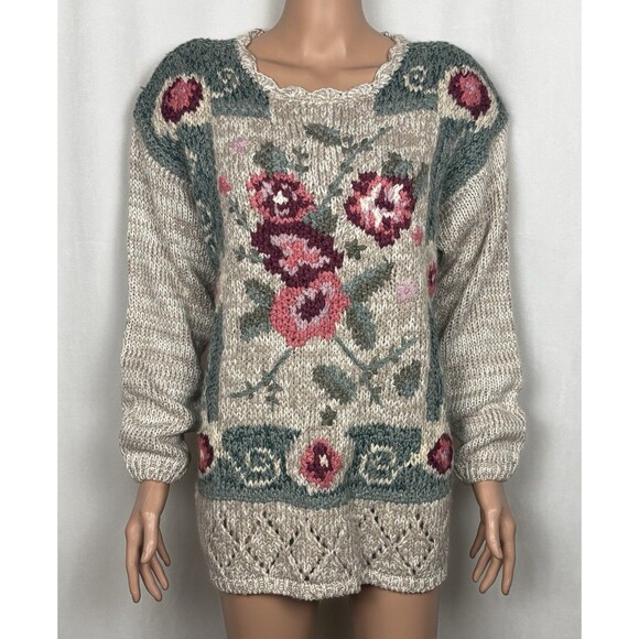 Vintage Shenanigans Women’s Size Medium Hand Knit Floral Print Sweater - Picture 1 of 7